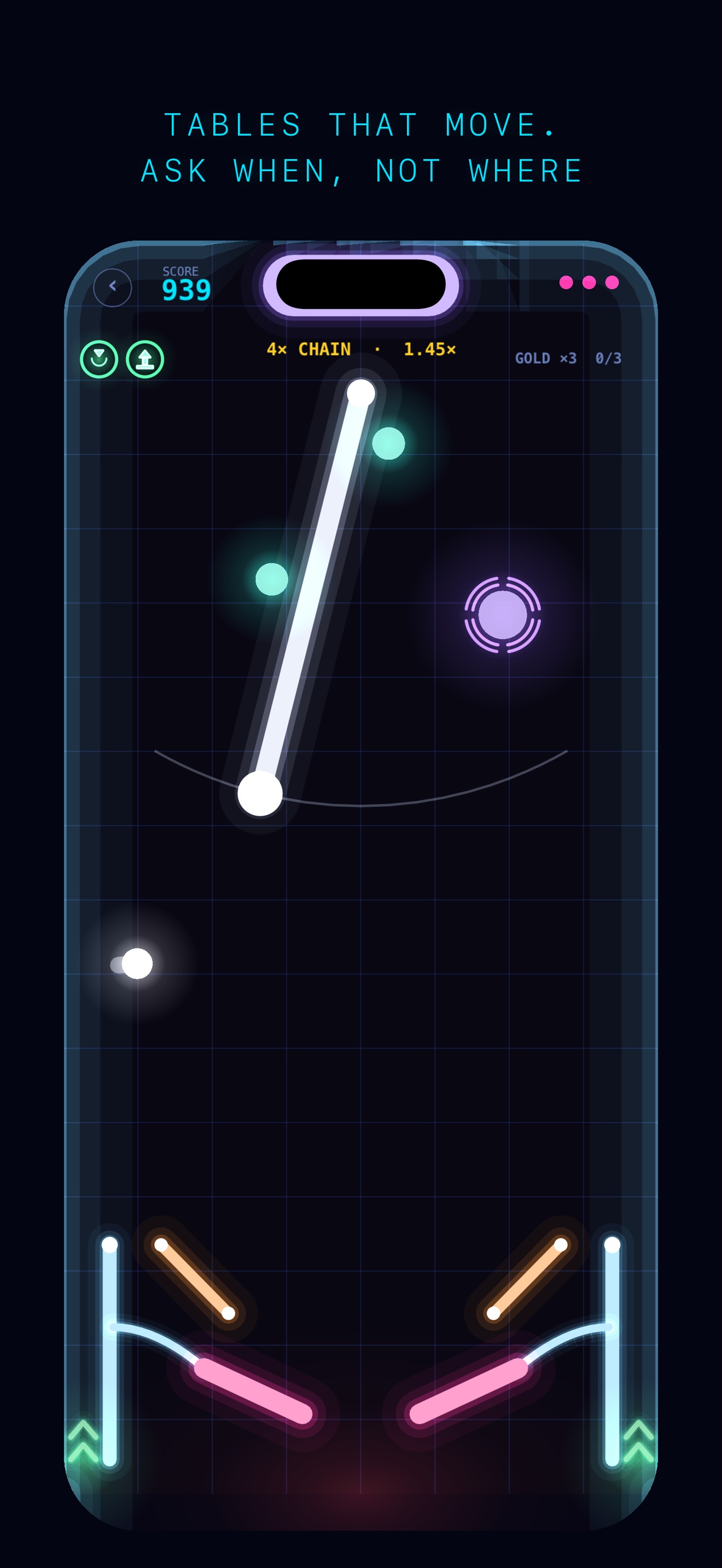 Neo Pinball game with a moving obstacle, glowing targets, and neon flippers